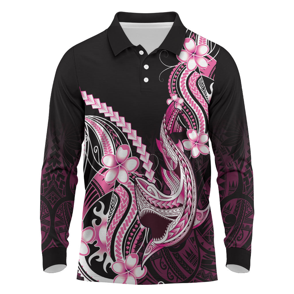 Pink Black Aloha Hawaii Long Sleeve Polo Shirt Polynesian Shark Tattoo Plumeria LT14 Pink - Polynesian Pride