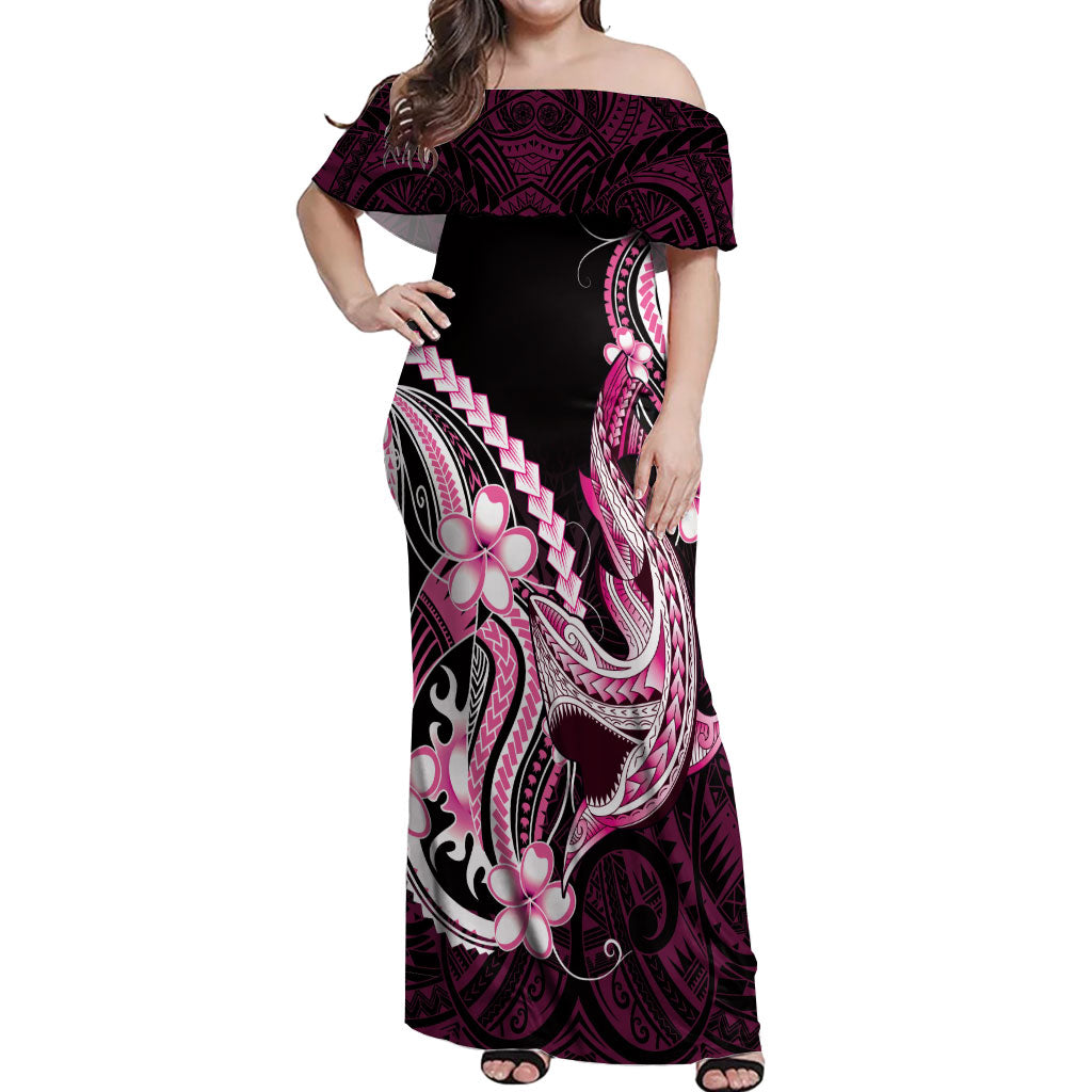 Pink Black Aloha Hawaii Off Shoulder Maxi Dress Polynesian Shark Tattoo Plumeria LT14 Women Pink - Polynesian Pride