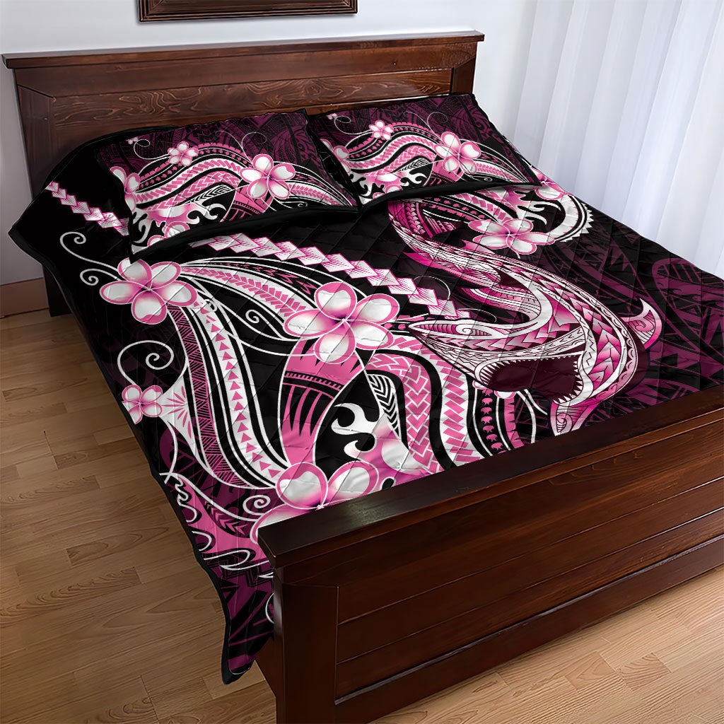Pink Black Aloha Hawaii Quilt Bed Set Polynesian Shark Tattoo Plumeria