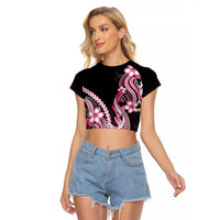 Pink Black Aloha Hawaii Raglan Cropped T Shirt Polynesian Shark Tattoo Plumeria