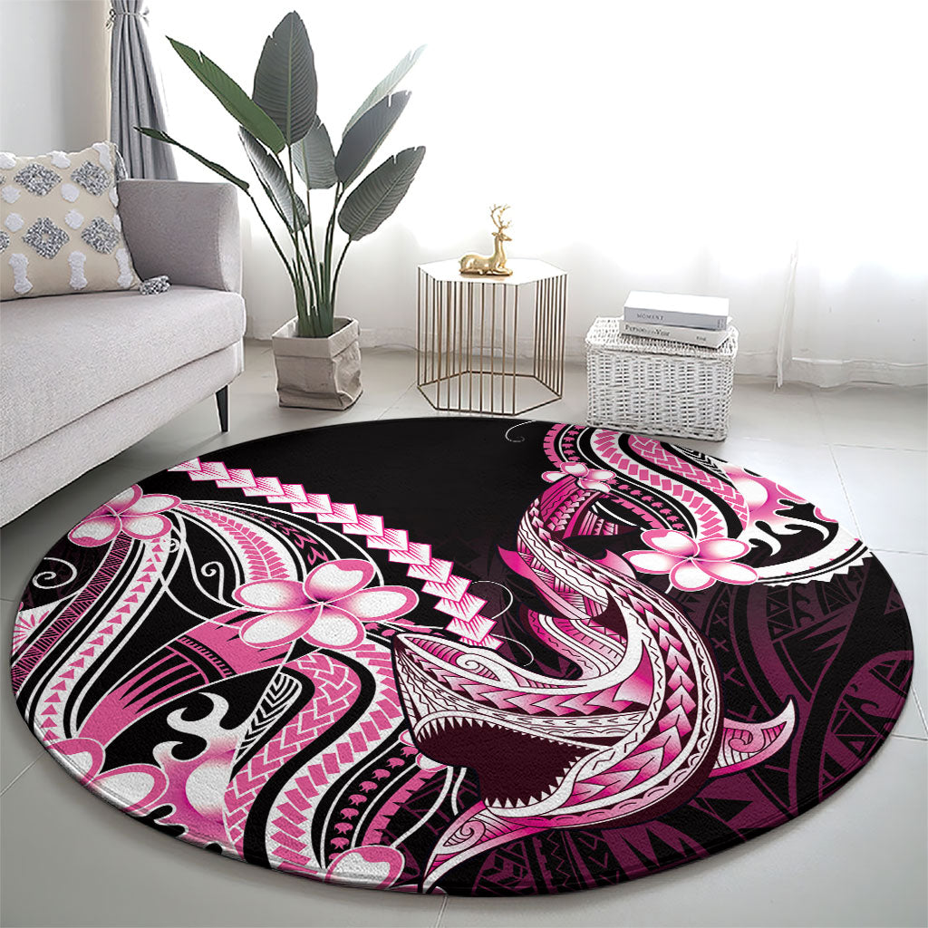 Pink Black Aloha Hawaii Round Carpet Polynesian Shark Tattoo Plumeria