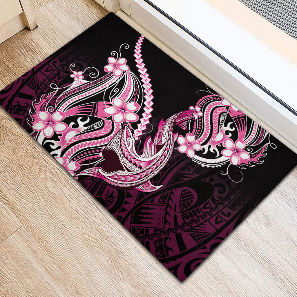 Pink Black Aloha Hawaii Rubber Doormat Polynesian Shark Tattoo Plumeria