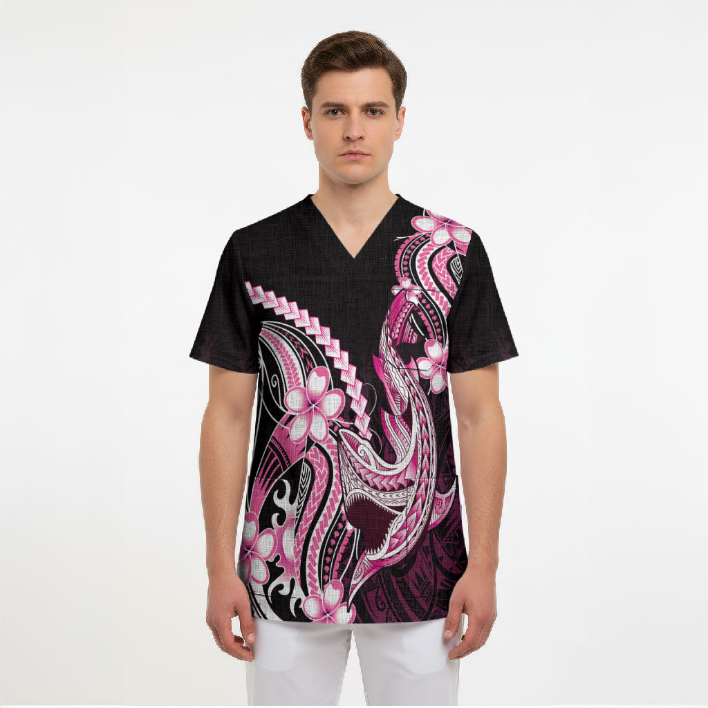 Pink Black Aloha Hawaii Scrub Top Polynesian Shark Tattoo Plumeria