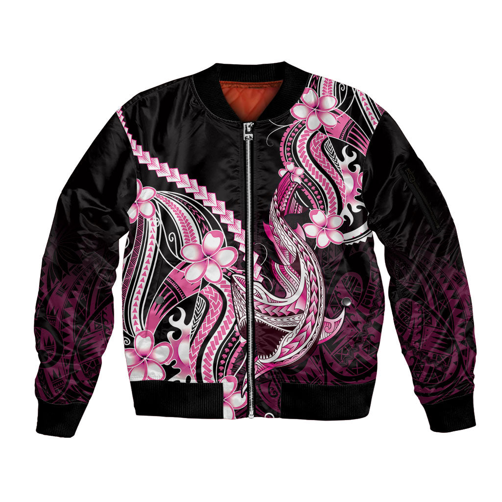 Pink Black Aloha Hawaii Sleeve Zip Bomber Jacket Polynesian Shark Tattoo Plumeria LT14 Unisex Pink - Polynesian Pride
