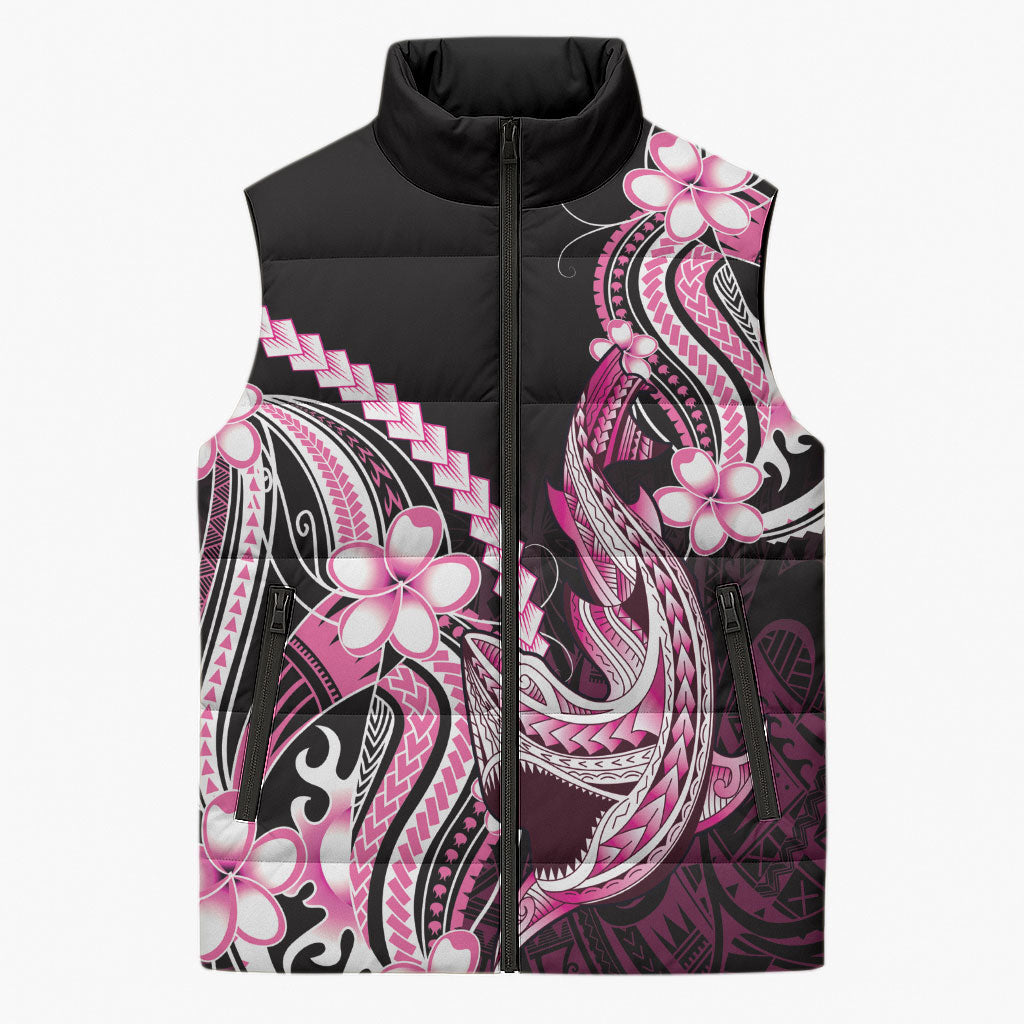 Pink Black Aloha Hawaii Sleeveless Puffer Jacket Polynesian Shark Tattoo Plumeria