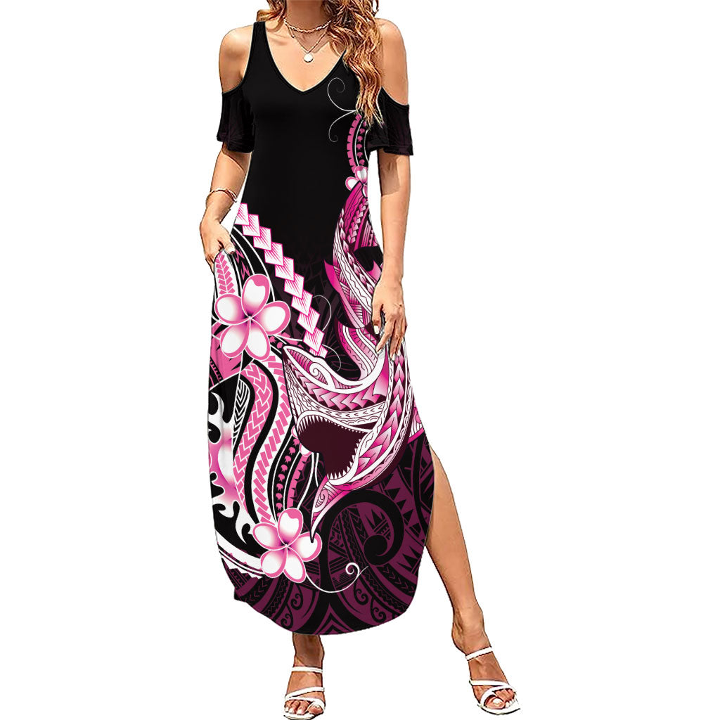 Pink Black Aloha Hawaii Summer Maxi Dress Polynesian Shark Tattoo Plumeria