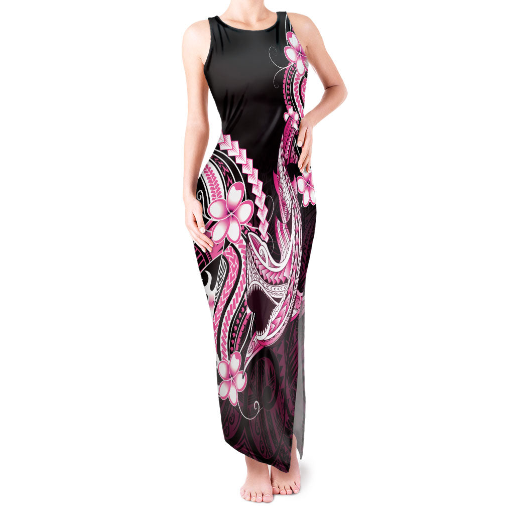 Pink Black Aloha Hawaii Tank Maxi Dress Polynesian Shark Tattoo Plumeria