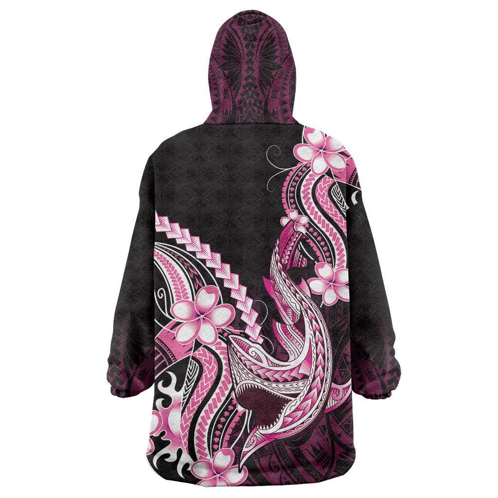 Pink Black Aloha Hawaii Wearable Blanket Hoodie Polynesian Shark Tattoo Plumeria