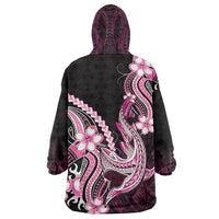 Pink Black Aloha Hawaii Wearable Blanket Hoodie Polynesian Shark Tattoo Plumeria