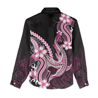 Pink Black Aloha Hawaii Women Casual Shirt Polynesian Shark Tattoo Plumeria