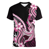Pink Black Aloha Hawaii Women V-Neck T-Shirt Polynesian Shark Tattoo Plumeria
