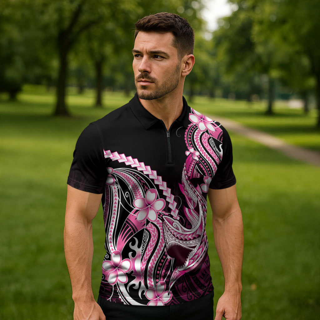 Pink Black Aloha Hawaii Zipper Polo Shirt Polynesian Shark Tattoo Plumeria