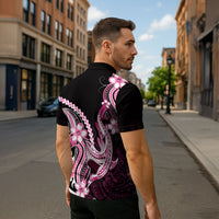 Pink Black Aloha Hawaii Zipper Polo Shirt Polynesian Shark Tattoo Plumeria
