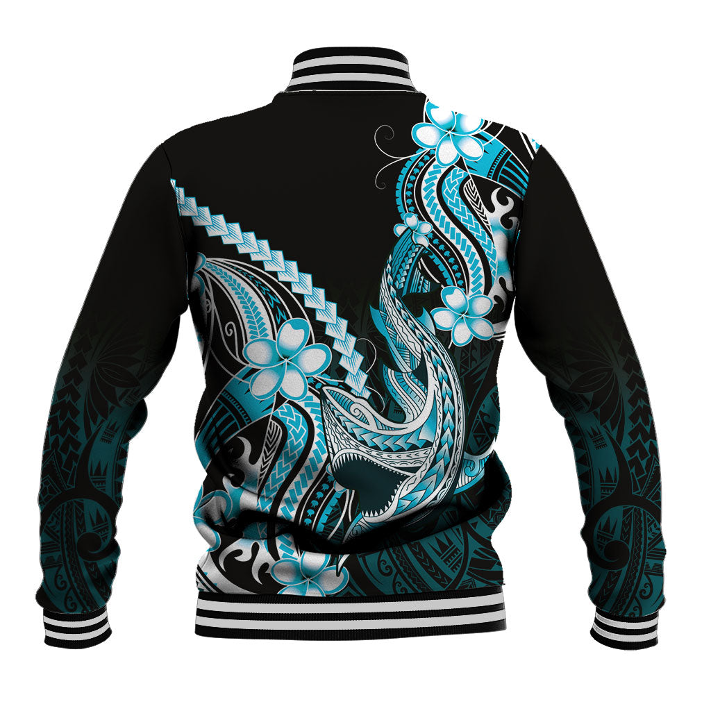 Blue Black Aloha Hawaii Baseball Jacket Polynesian Shark Tattoo Plumeria