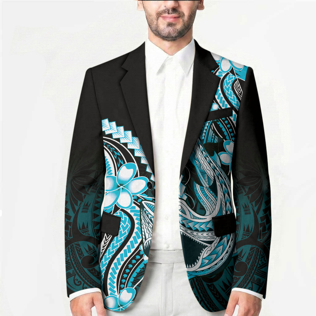 Blue Black Aloha Hawaii Blazer Polynesian Shark Tattoo Plumeria