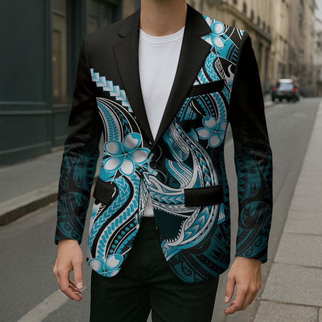 Blue Black Aloha Hawaii Blazer Polynesian Shark Tattoo Plumeria