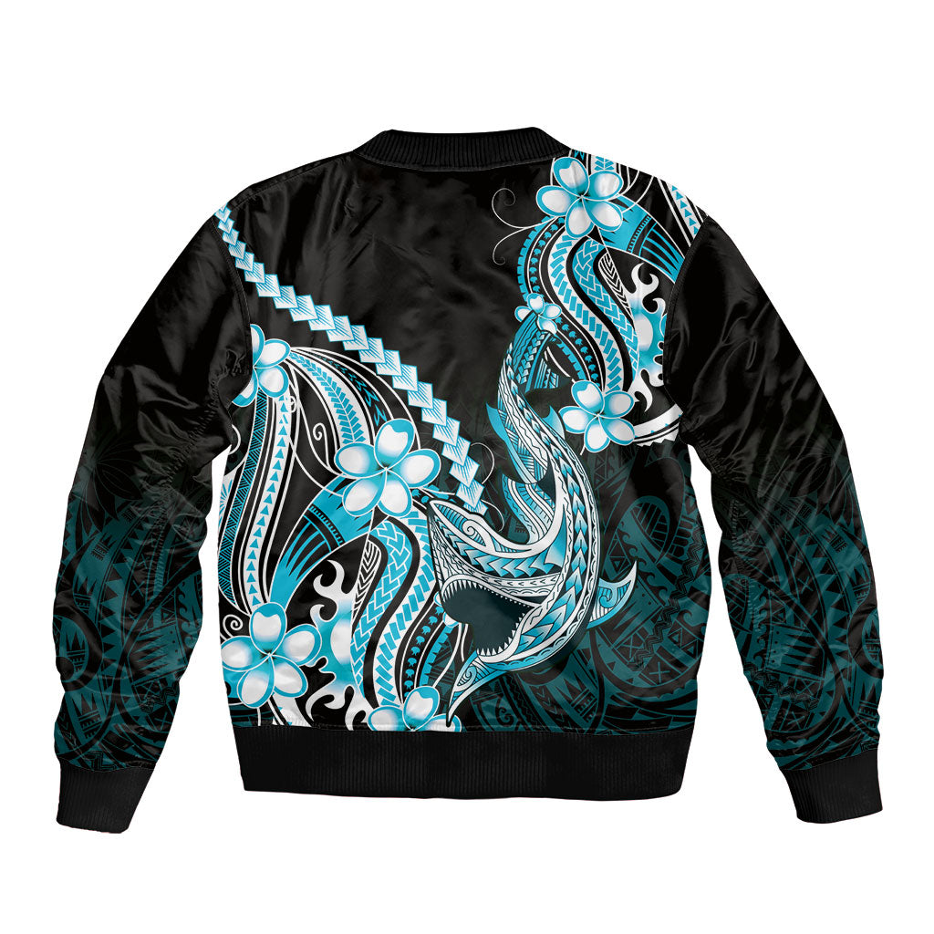 Blue Black Aloha Hawaii Bomber Jacket Polynesian Shark Tattoo Plumeria