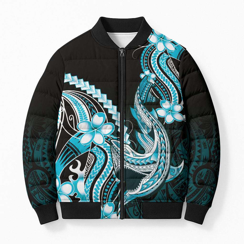 Blue Black Aloha Hawaii Bomber Puffer Jacket Polynesian Shark Tattoo Plumeria LT14 Unisex Blue - Polynesian Pride