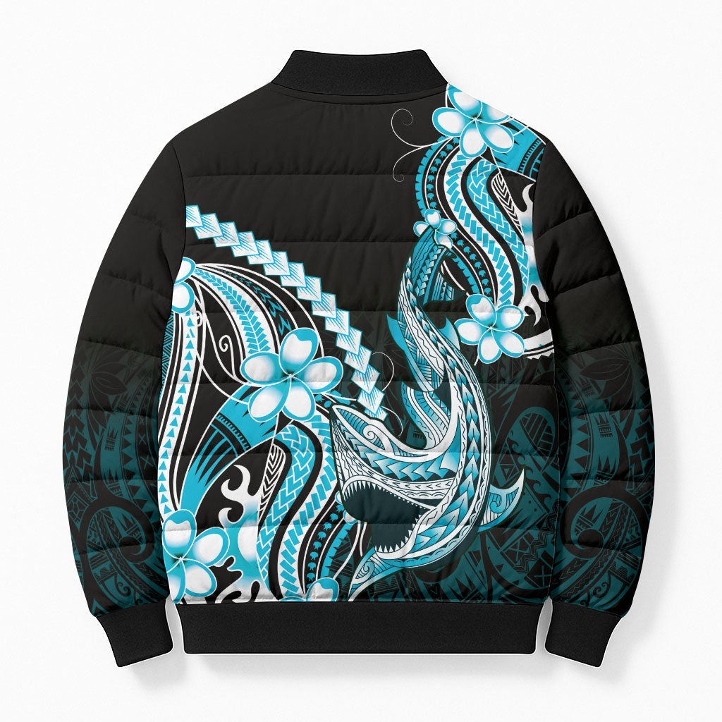 Blue Black Aloha Hawaii Bomber Puffer Jacket Polynesian Shark Tattoo Plumeria
