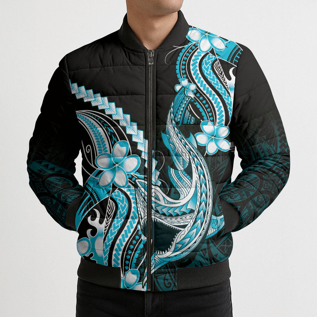 Blue Black Aloha Hawaii Bomber Puffer Jacket Polynesian Shark Tattoo Plumeria