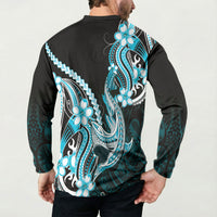 Blue Black Aloha Hawaii Button Sweatshirt Polynesian Shark Tattoo Plumeria