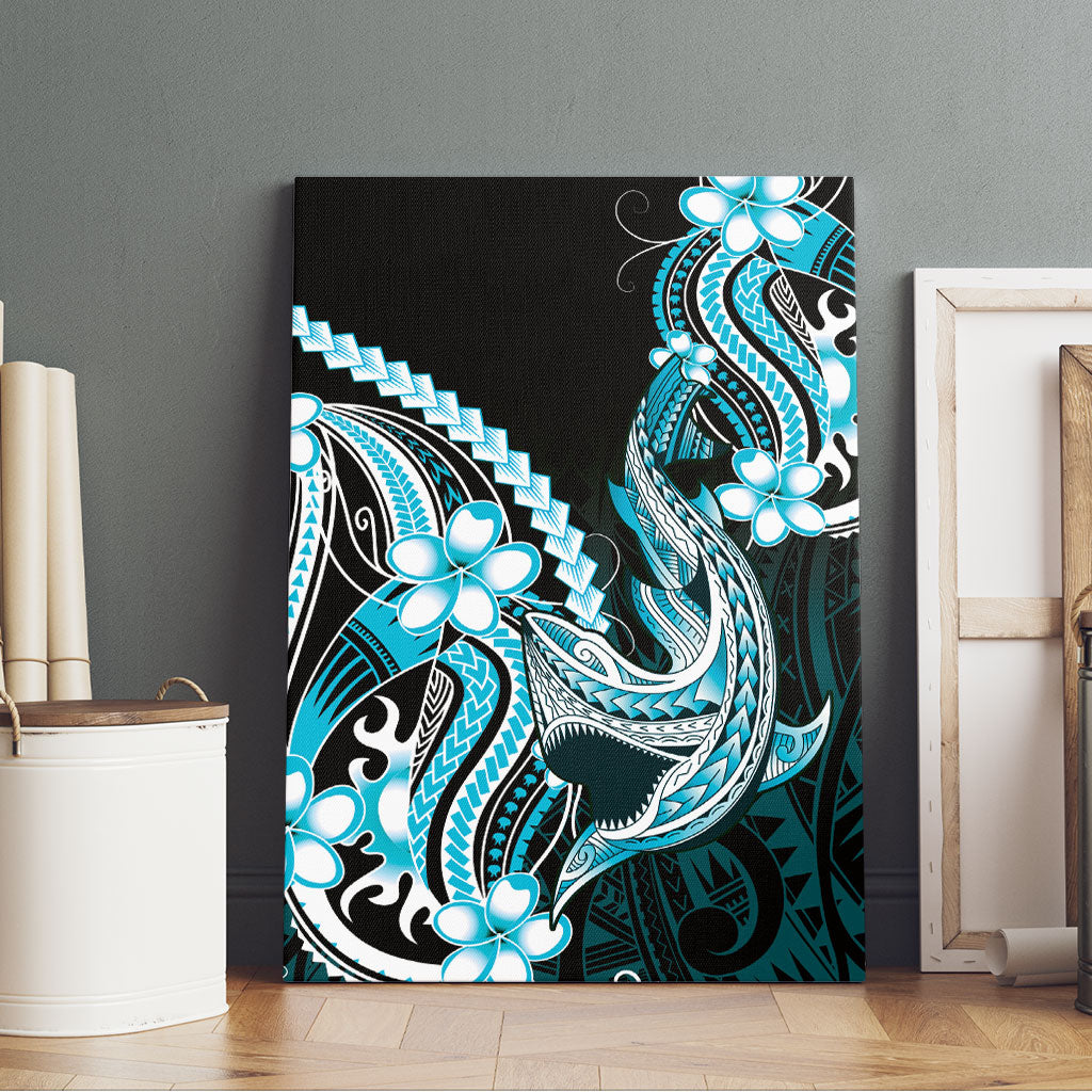Blue Black Aloha Hawaii Canvas Wall Art Polynesian Shark Tattoo Plumeria