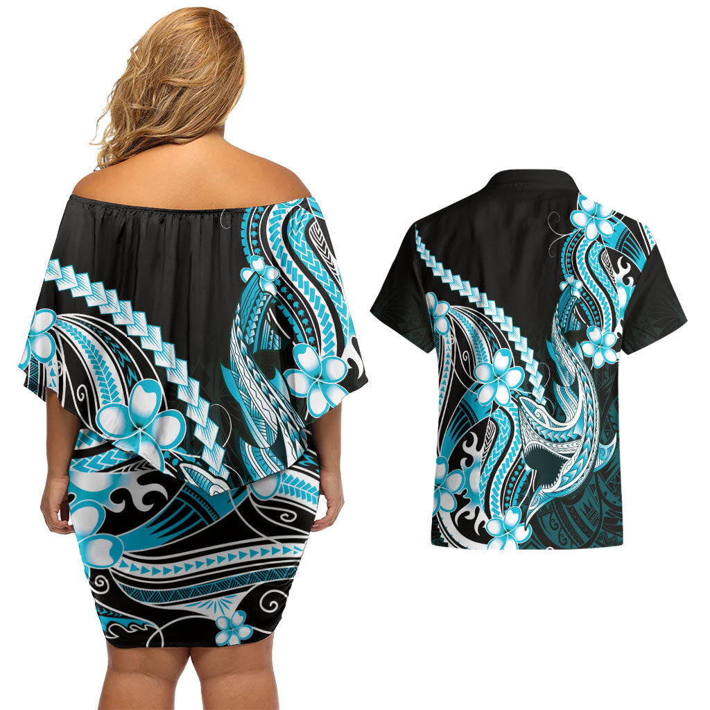 Blue Black Aloha Hawaii Couples Matching Off Shoulder Short Dress and Hawaiian Shirt Polynesian Shark Tattoo Plumeria
