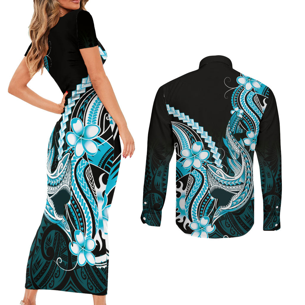 Blue Black Aloha Hawaii Couples Matching Short Sleeve Bodycon Dress and Long Sleeve Button Shirt Polynesian Shark Tattoo Plumeria