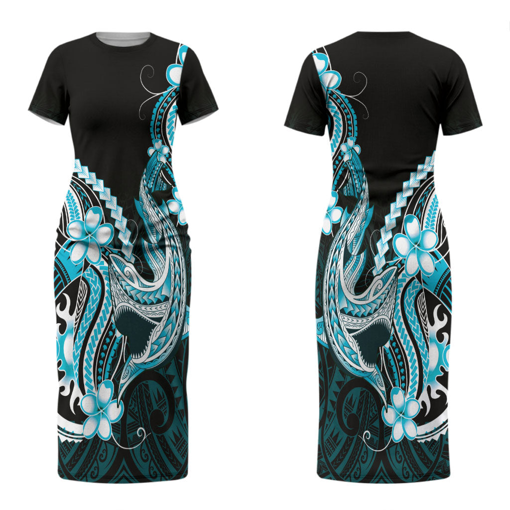 Blue Black Aloha Hawaii Couples Matching Short Sleeve Bodycon Dress and Long Sleeve Button Shirt Polynesian Shark Tattoo Plumeria LT14 - Polynesian Pride