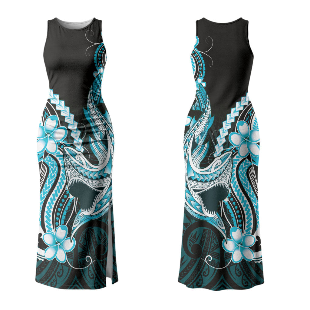 Blue Black Aloha Hawaii Couples Matching Tank Maxi Dress and Hawaiian Shirt Polynesian Shark Tattoo Plumeria LT14 - Polynesian Pride