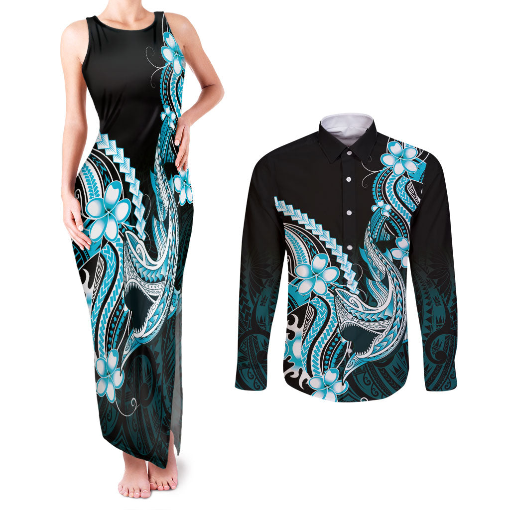 Blue Black Aloha Hawaii Couples Matching Tank Maxi Dress and Long Sleeve Button Shirt Polynesian Shark Tattoo Plumeria