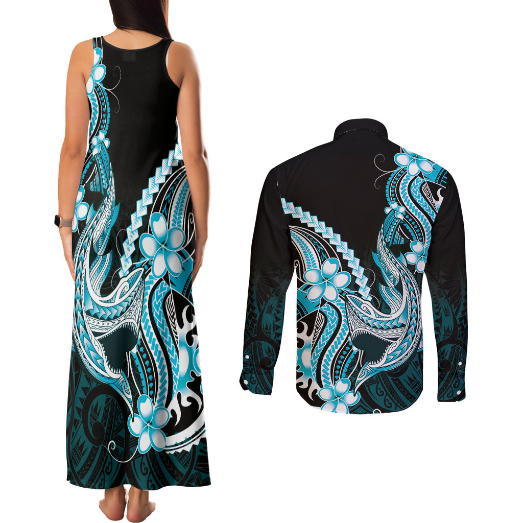 Blue Black Aloha Hawaii Couples Matching Tank Maxi Dress and Long Sleeve Button Shirt Polynesian Shark Tattoo Plumeria