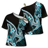 Blue Black Aloha Hawaii Cross Shoulder Shirt Polynesian Shark Tattoo Plumeria