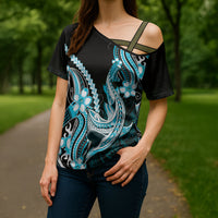 Blue Black Aloha Hawaii Cross Shoulder Shirt Polynesian Shark Tattoo Plumeria