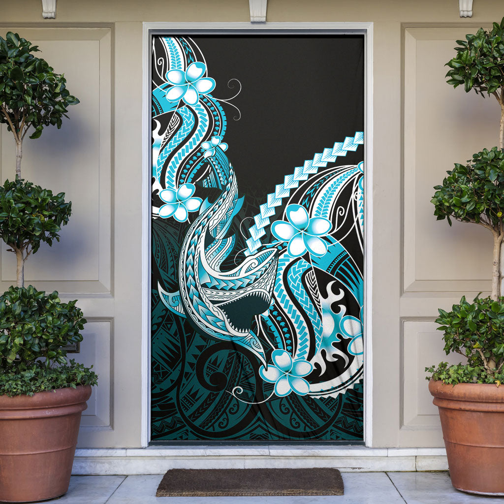 Blue Black Aloha Hawaii Door Cover Polynesian Shark Tattoo Plumeria LT14 Blue - Polynesian Pride