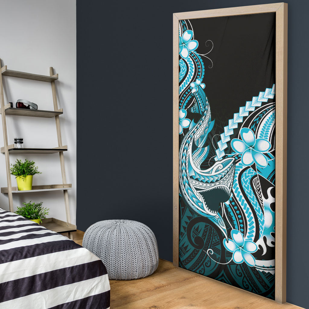 Blue Black Aloha Hawaii Door Cover Polynesian Shark Tattoo Plumeria