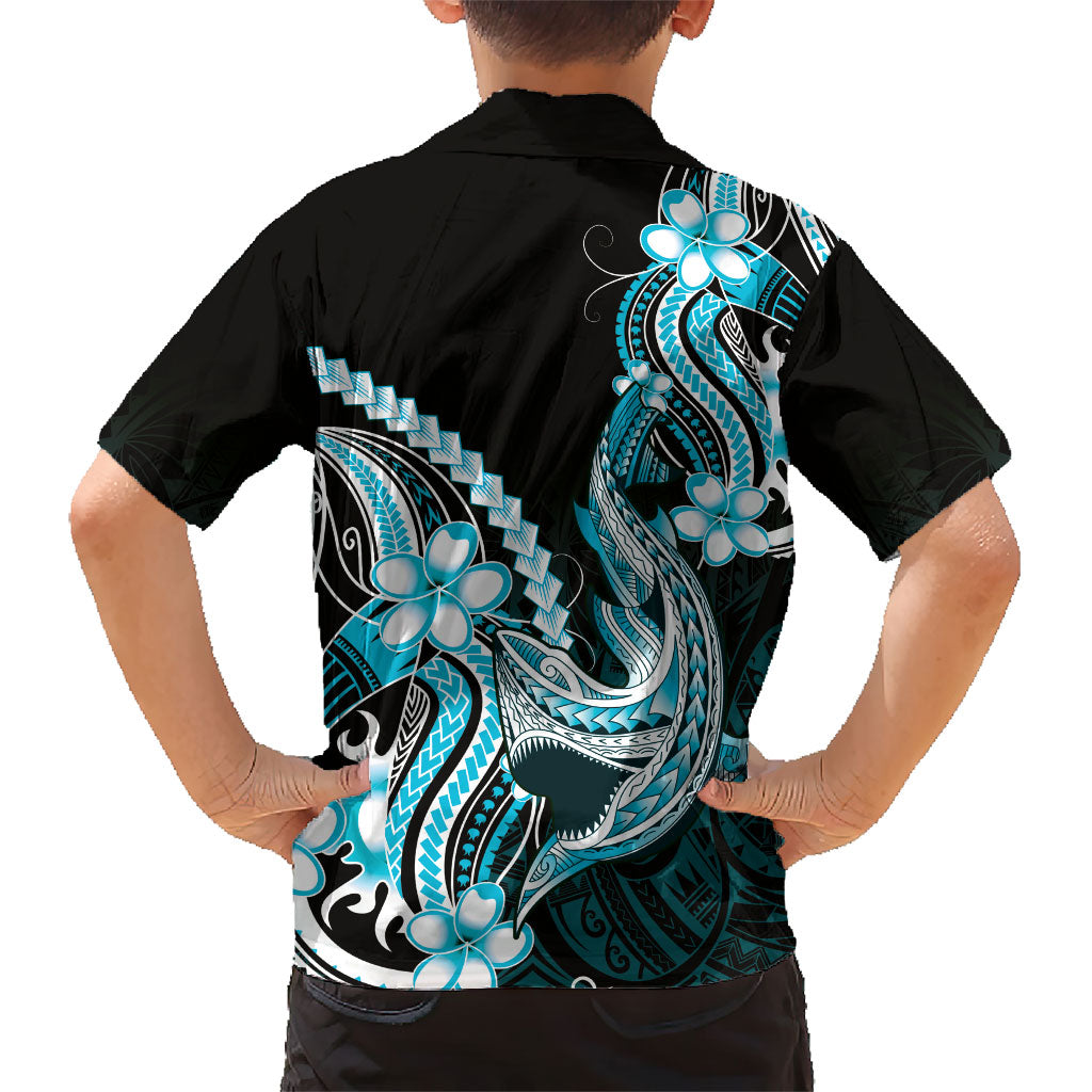 Blue Black Aloha Hawaii Family Matching Long Sleeve Bodycon Dress and Hawaiian Shirt Polynesian Shark Tattoo Plumeria LT14 - Polynesian Pride