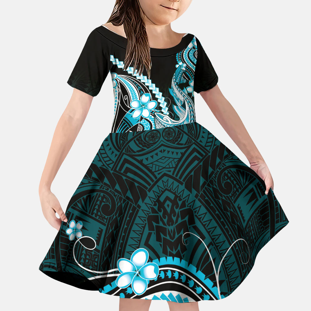 Blue Black Aloha Hawaii Family Matching Long Sleeve Bodycon Dress and Hawaiian Shirt Polynesian Shark Tattoo Plumeria LT14 Daughter's Dress Blue - Polynesian Pride