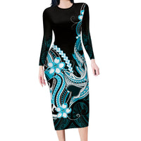 Blue Black Aloha Hawaii Family Matching Long Sleeve Bodycon Dress and Hawaiian Shirt Polynesian Shark Tattoo Plumeria LT14 Mom's Dress Blue - Polynesian Pride