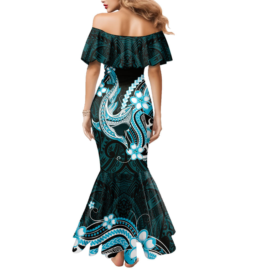 Blue Black Aloha Hawaii Family Matching Mermaid Dress and Hawaiian Shirt Polynesian Shark Tattoo Plumeria LT14 - Polynesian Pride