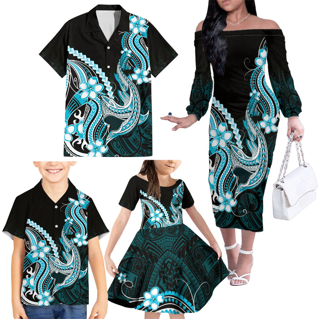 Blue Black Aloha Hawaii Family Matching Off The Shoulder Long Sleeve Dress and Hawaiian Shirt Polynesian Shark Tattoo Plumeria LT14 - Polynesian Pride