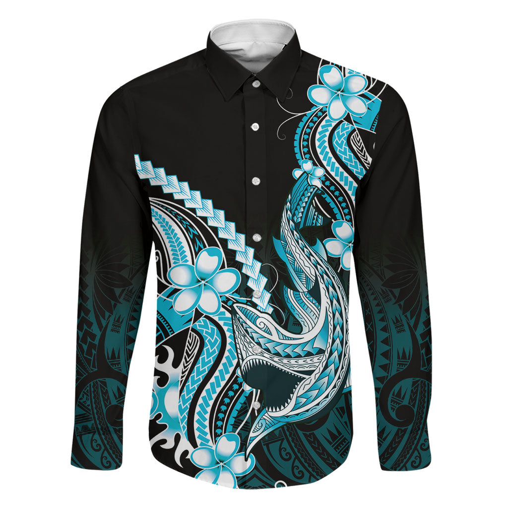 Blue Black Aloha Hawaii Family Matching Off Shoulder Maxi Dress and Hawaiian Shirt Polynesian Shark Tattoo Plumeria LT14 Dad's Shirt - Long Sleeve Blue - Polynesian Pride