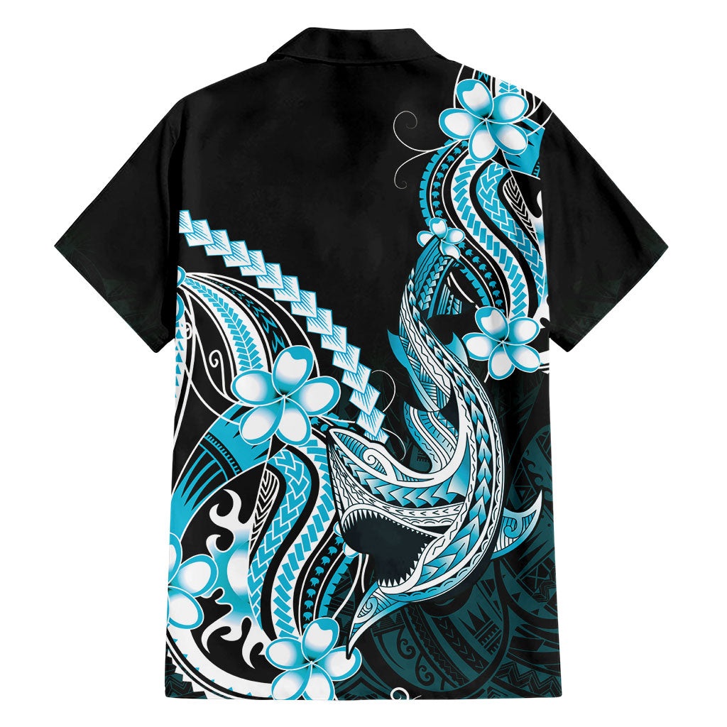 Blue Black Aloha Hawaii Family Matching Off Shoulder Short Dress and Hawaiian Shirt Polynesian Shark Tattoo Plumeria LT14 - Polynesian Pride