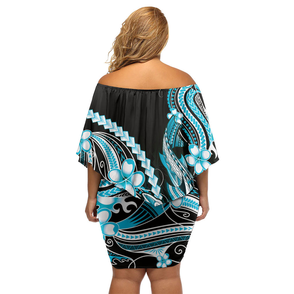 Blue Black Aloha Hawaii Family Matching Off Shoulder Short Dress and Hawaiian Shirt Polynesian Shark Tattoo Plumeria LT14 - Polynesian Pride
