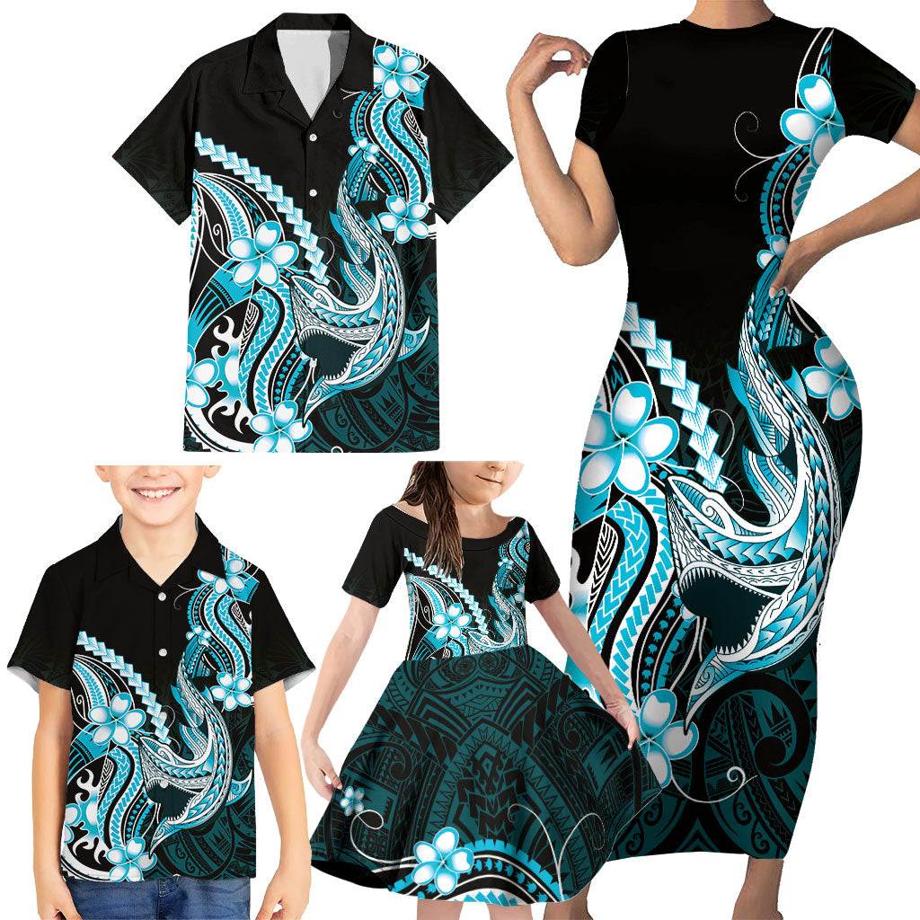 Blue Black Aloha Hawaii Family Matching Short Sleeve Bodycon Dress and Hawaiian Shirt Polynesian Shark Tattoo Plumeria LT14 - Polynesian Pride