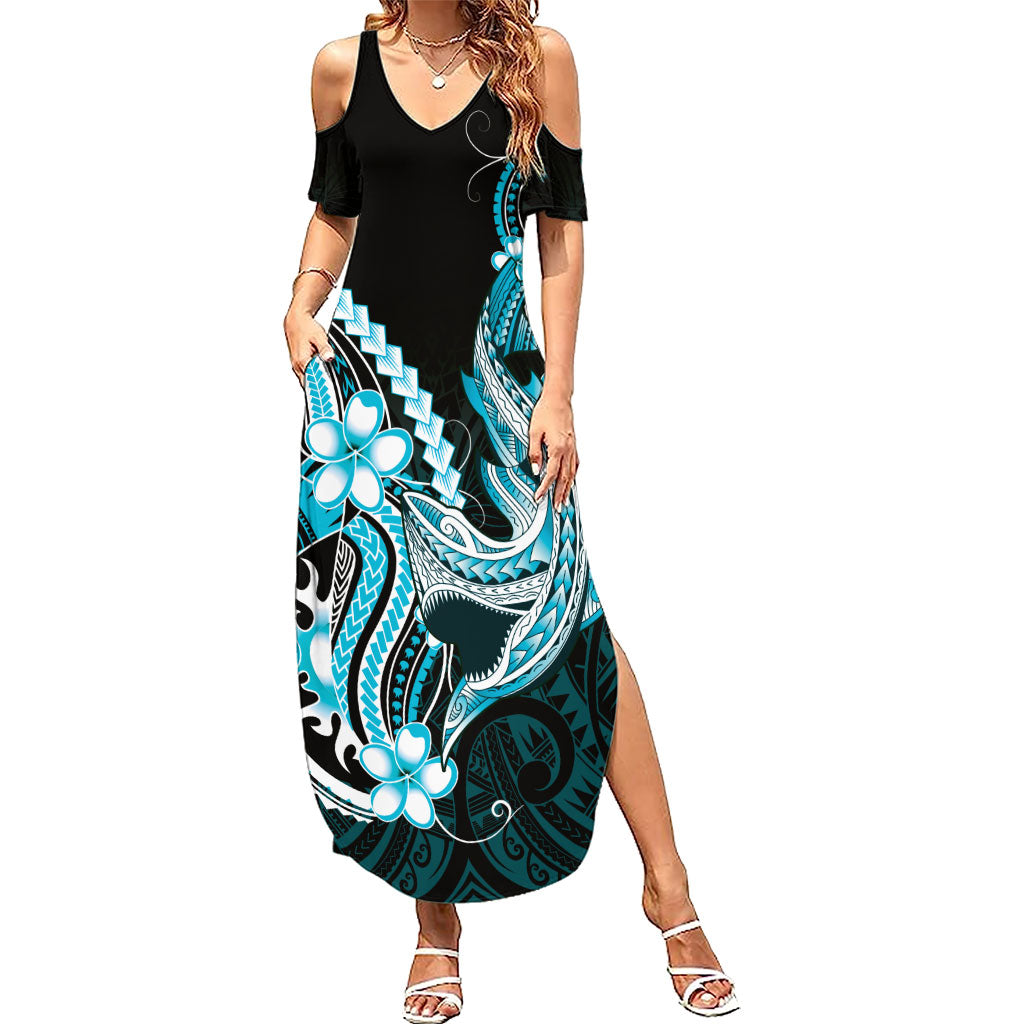 Blue Black Aloha Hawaii Family Matching Summer Maxi Dress and Hawaiian Shirt Polynesian Shark Tattoo Plumeria LT14 Mom's Dress Blue - Polynesian Pride