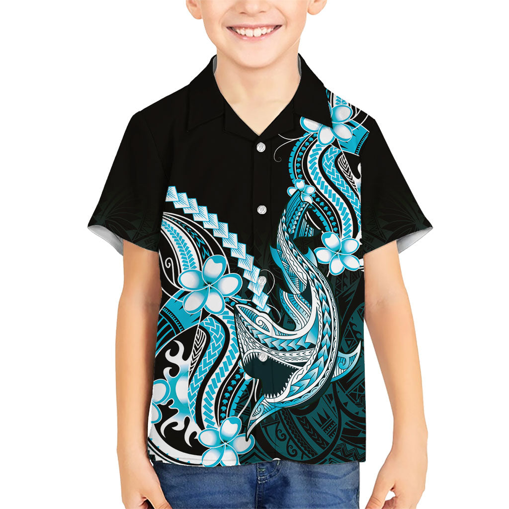 Blue Black Aloha Hawaii Family Matching Summer Maxi Dress and Hawaiian Shirt Polynesian Shark Tattoo Plumeria LT14 Son's Shirt Blue - Polynesian Pride