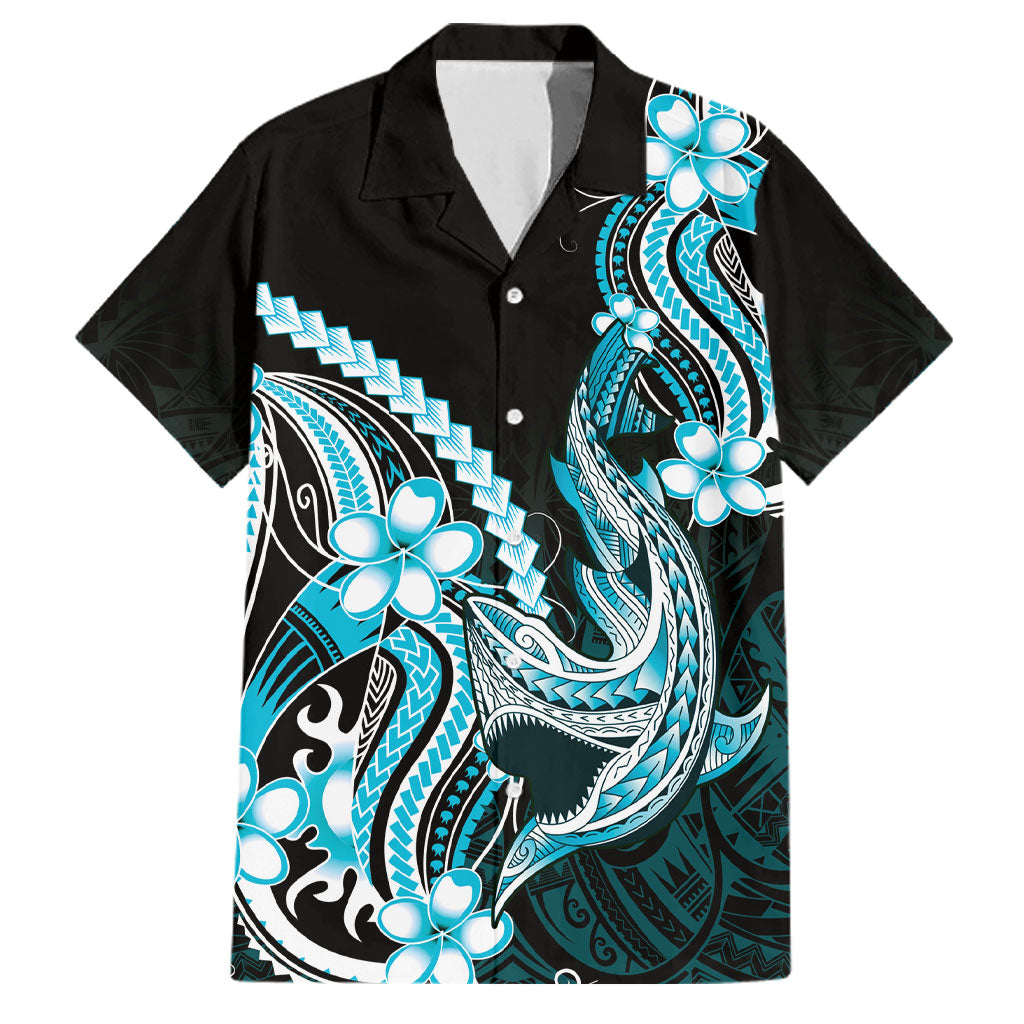 Blue Black Aloha Hawaii Family Matching Tank Maxi Dress and Hawaiian Shirt Polynesian Shark Tattoo Plumeria LT14 Dad's Shirt - Short Sleeve Blue - Polynesian Pride