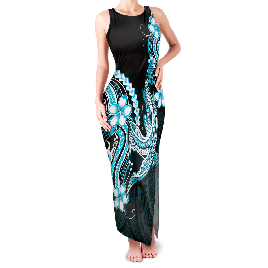 Blue Black Aloha Hawaii Family Matching Tank Maxi Dress and Hawaiian Shirt Polynesian Shark Tattoo Plumeria LT14 Mom's Dress Blue - Polynesian Pride