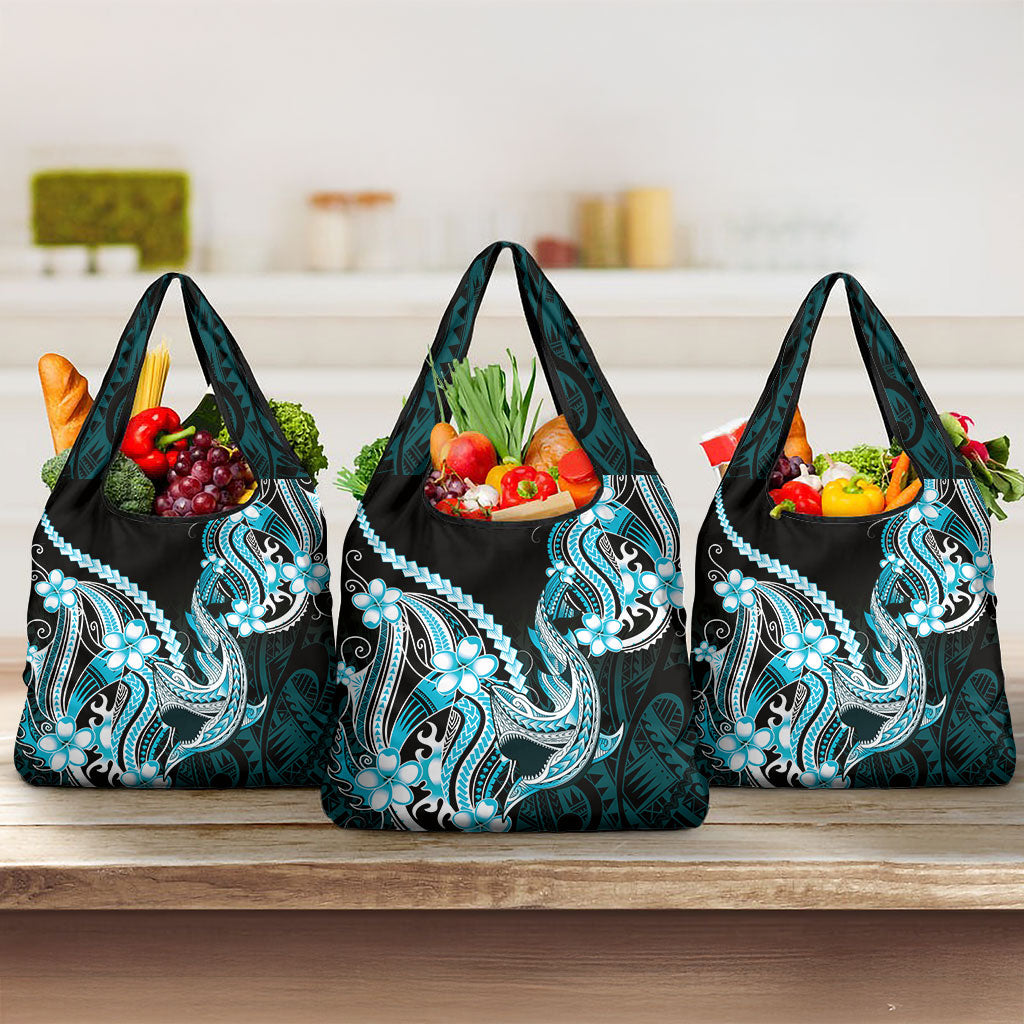 Blue Black Aloha Hawaii Grocery Bag Polynesian Shark Tattoo Plumeria